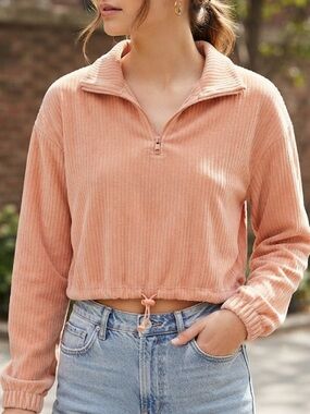 Forever 21 Peach Ribbed Half-Zip Drawstring Cropped Sweatshirt-S